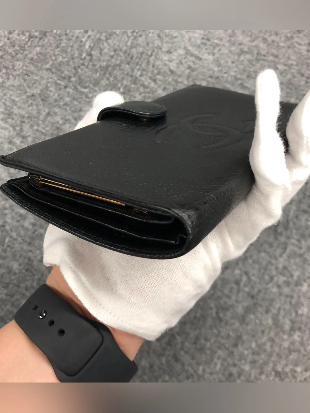 CHANEL Black Caviar Leather Long Wallet with Embossed CC